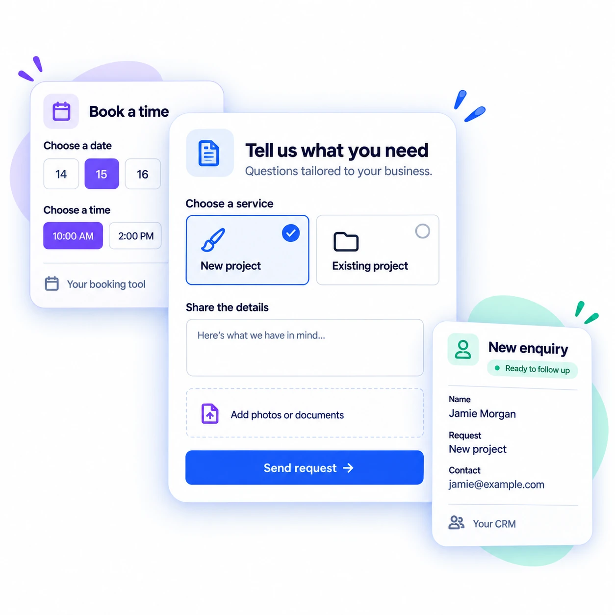 Custom-form example: service choices, request details and file uploads, alongside a booking-time selector and a new enquiry in a CRM.